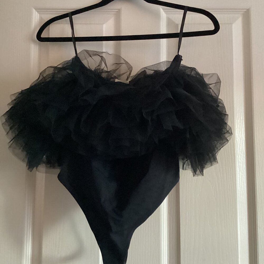 Free People Black Tulle Ruffle Bodysuit - Small